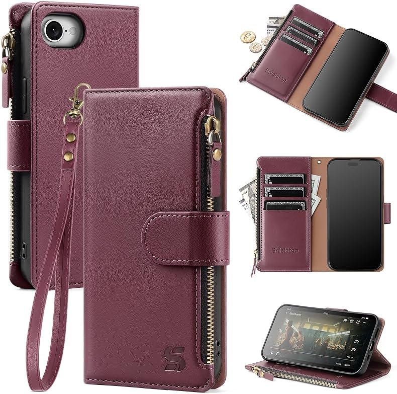 Shieldtop Compatible with iPhone 17e / 16e Wallet Case with Card Holder,Women Men RFID Blocking PU Leather Flip Cover Wrist Strap Zipper Credit Card Slots,Phone Case for Apple 17e / 16e,Wine Red - Product Image
