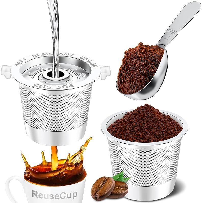 NESSUS 2 Pack Reusable K Cup for Keurig 1.0, Stainless Steel Reusable K Cups for Keurig 1 Prong Coffee Maker K Cup Reusable Coffee Pods with Heat Resistant Handles and Scoop, NO BPA - Product Image