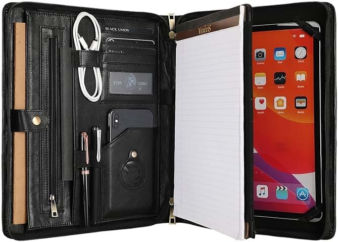 Leather Portfolio for 13 inch iPad Pro M4 (2024), Business Tablet Portfolio for Men, Personalized Padfolio, Engraved Portfolio Folder for A4 Notepad (Oil Black, Custom) - Product Image