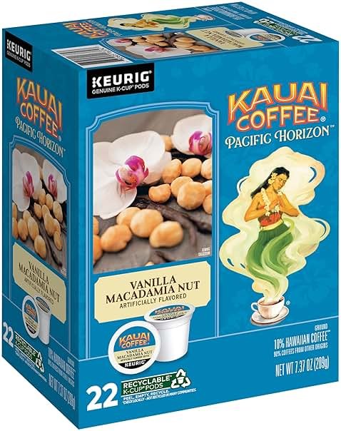 Kauai Coffee K-Cup Pods for Keurig Brewers – Arabica Coffee, 10% Hawaiian – Medium Roast, Vanilla Beans with Toasted Macabamia Nuts – Vanilla Macadamia Nut, 1 Pack of 22 Single Serve K-Cups - Product Image