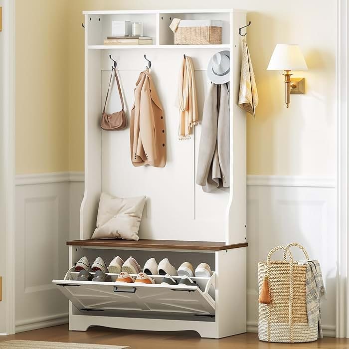 HOOBRO Hall Tree with Bench, Entryway Bench with Coat Rack and Shoe Cabinet, Flip Drawers, Farmhouse Hall Tree with Shoe Organizer, Mud Room, White and Walnut WH85MT01 - Product Image