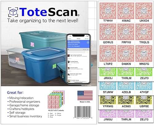 ToteScan Intelligent QR Labels for Organization/Moving/Storage (45 Unique Labels, 2.5"x3") Multi-Color (red/Green/Blue/Yellow/Purple) (Multi-Color) - Product Image