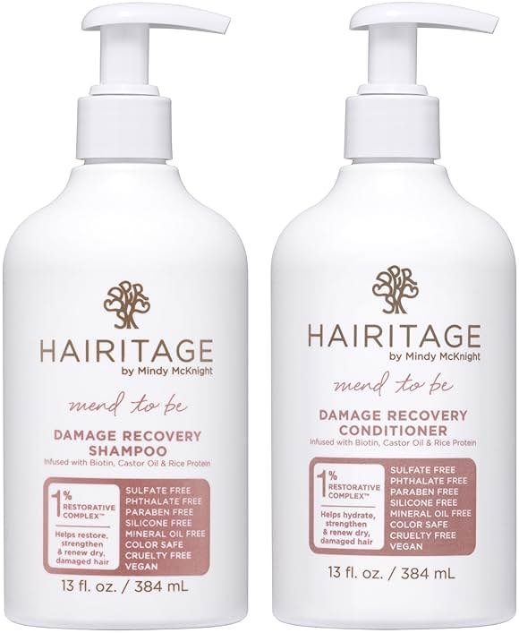 Hairitage Biotin Damage Repair Shampoo and Conditioner Set - Thickening + Volumizing - Biotin Castor Oil + Rice Protein - Sulfate Free + Color Safe - Deep Conditioning Treatment Dry Damaged Curly Hair - Product Image