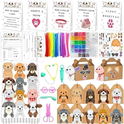 180 Pcs Adopt a Dog Party Favors Include 12 Mini Plush Dogs 12 Adoption Card 12 Kraft Boxes 12 Check Card 5 Adopt Sign 24 Puppy Stickers 1 Fence 102 Adopt a Puppy Supplies for Adoption Party (Dog) - Product Image
