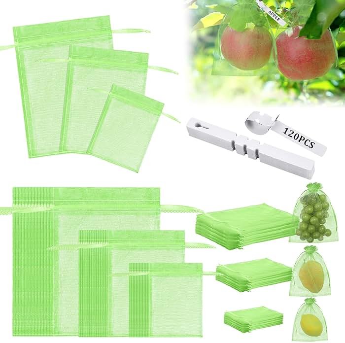 Reallnaive 120 Pcs Fruit Protection Bags 3 Size Green Mesh Bags for Fruits Vegetables with 120 Pcs Plant Label Drawstring Mesh Pest Barrier Netting Cover for Veggies Garden - Product Image