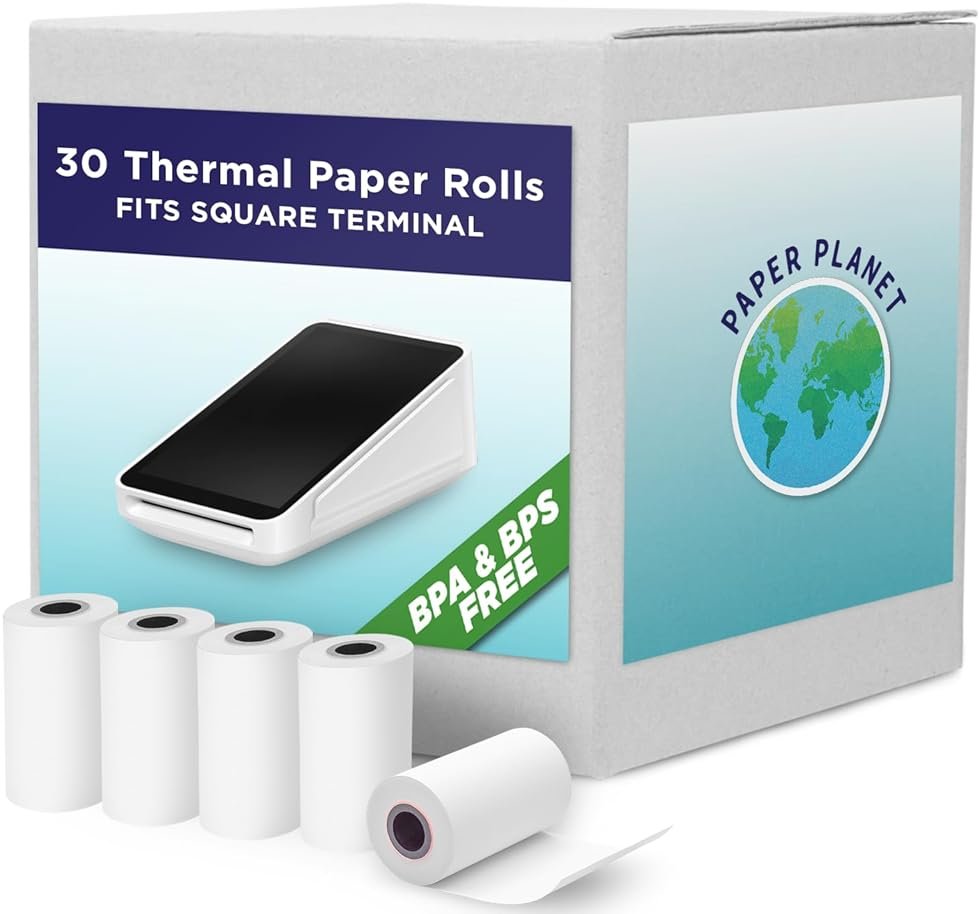 BPA and BPS Free (Phenol Free) Thermal Paper for Square POS (Square Terminal Thermal Printer) by Paper Planet | Credit Card Machine Receipt Rolls | 30 Rolls - Product Image