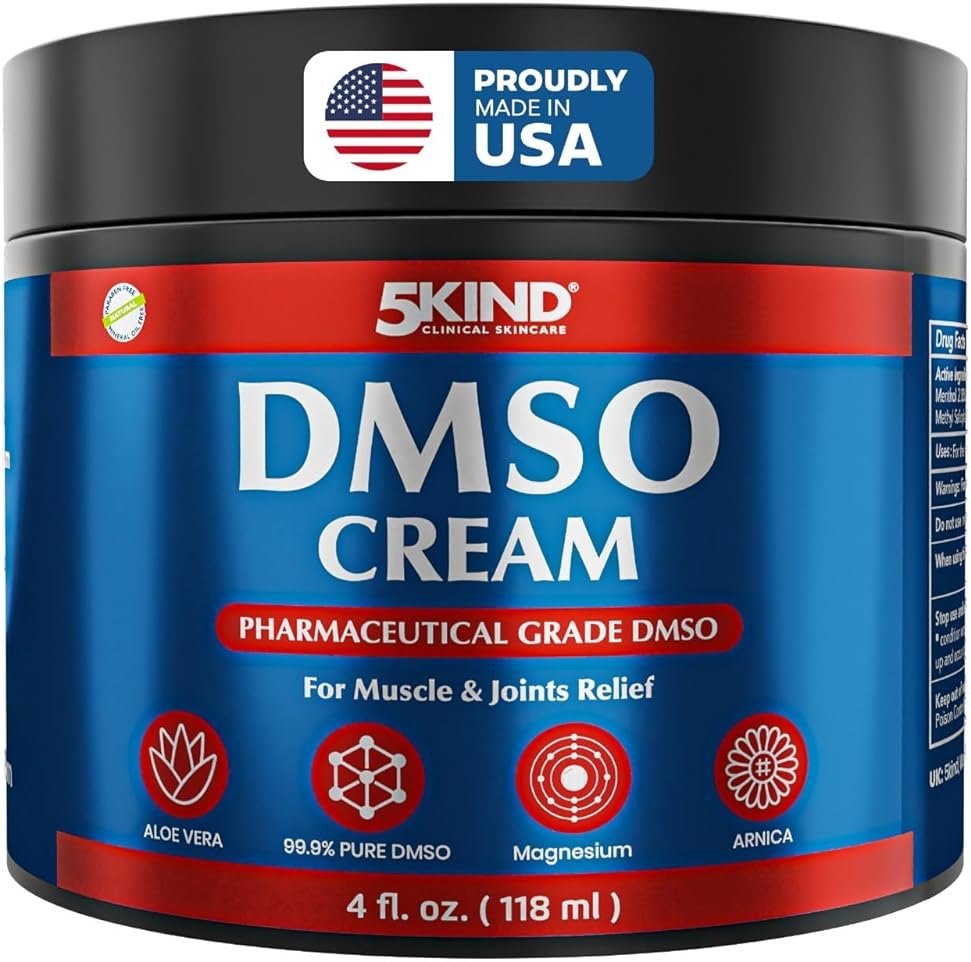 5Kind DMSO Cream for Pain Relief 4 fl oz - 99.9% Pure DMSO Pharmaceutical Grade Cream - Aloe Vera, Magnesium, Arnica & Menthol - Topical Muscle and Joint Pain Relief - Registered NDC - Made in USA - Product Image