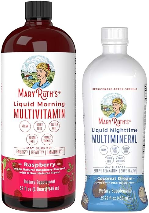 MARYRUTH'S Liquid Morning Multivitamin Raspberry (32oz) & Liquid Nighttime Multimineral Coconut (15.22oz) | Sugar-Free, No Melatonin | Vegan, Non-GMO | Supports Sleep, Beauty, and Overall Health - Product Image