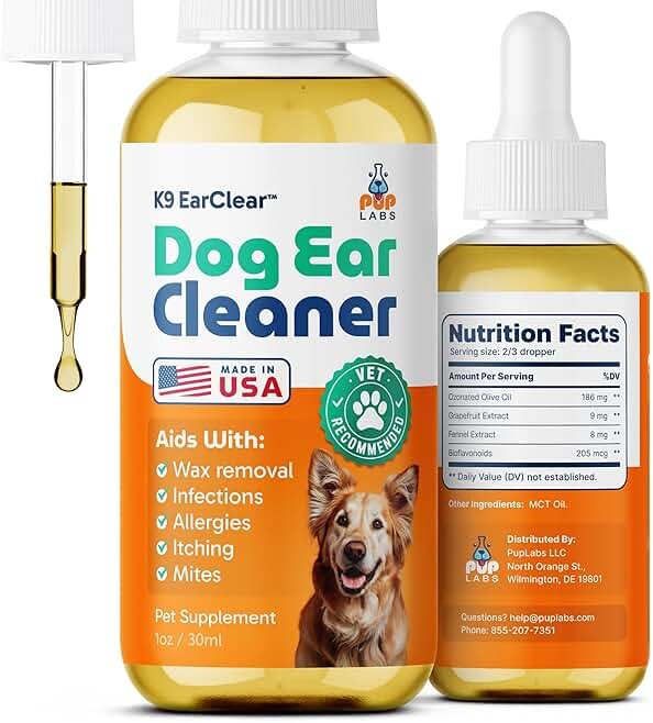 Pup Labs Ear Clear, Natural Dog Ear Cleaner and Infection Treatment for Dogs, Dog Drops for Itching, Irritation, & Wax Build-Up, 1 oz Bottle with Dropper - Product Image