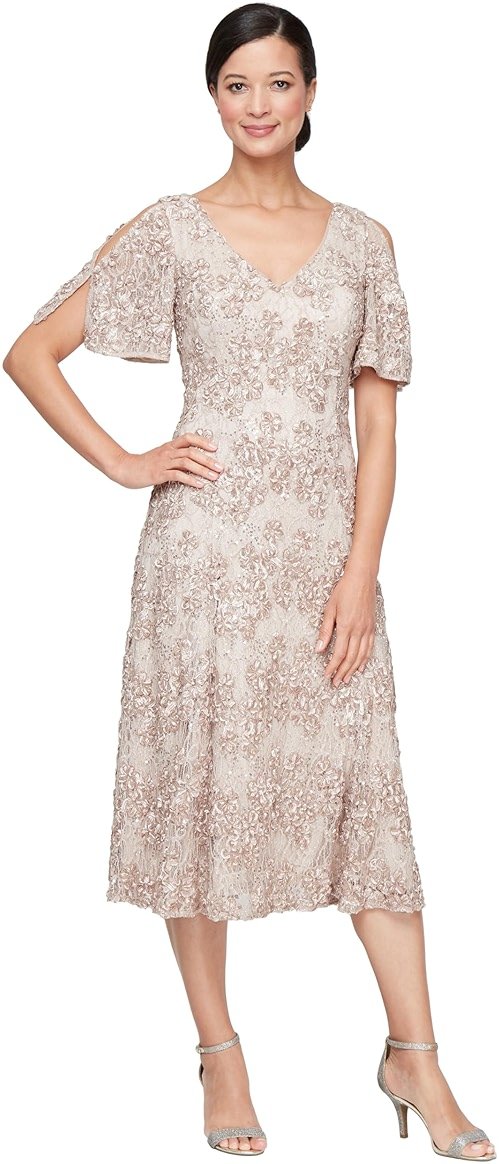 Alex Evenings Women's Midi Stretch Lace & Sequin Formal Dress, Wedding Guest, Mother of The Bride (Petite and Regular Sizes) - Product Image