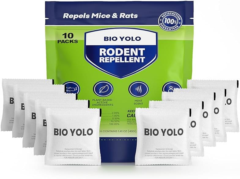 BIO YOLO Rodent Repellent Pouches – Peppermint Oil, Plant-Powered – Repels Mice, Rats & Squirrels, Mouse Repellent– Protects Indoor, Car, RV, Boat, Garage & Cabin – 10 Pouches - Product Image