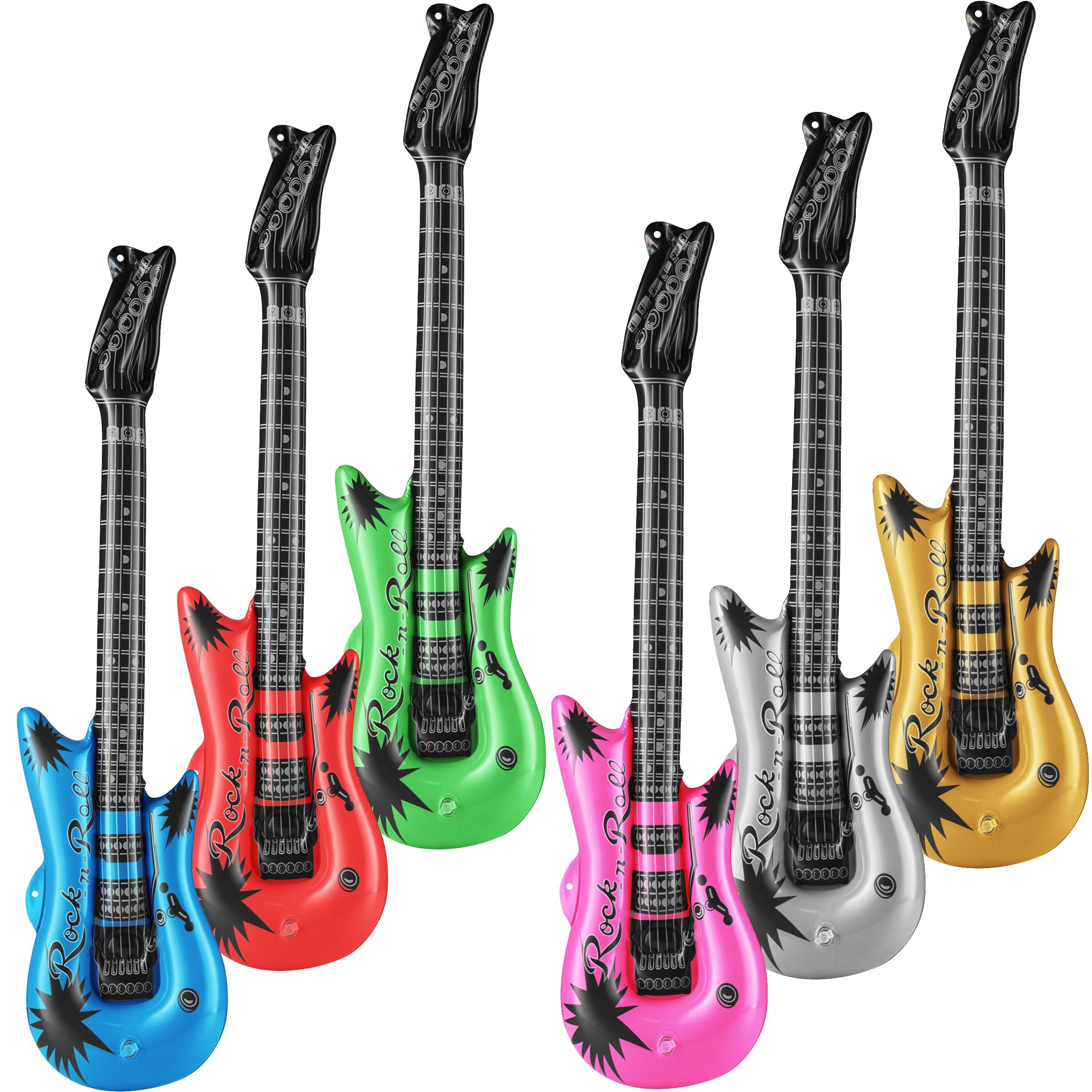 Bedwina Inflatable Guitars - (pack Of 6) 36-inch Colorful Blow Up Guitar With Strap, Party Favors, DJ-props, Photo-booth, Birthdays, Rock Star, Rock And Roll Party Decorations, 80s 90s Party Supplies - Product Image