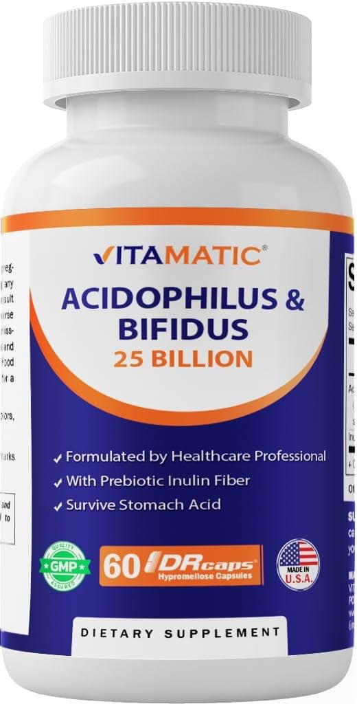 Vitamatic Acidophilus Bifidus 25 Billion DR Capsule - 60 Count - Digestive Support - Made with Prebiotic Inulin Fiber - Product Image