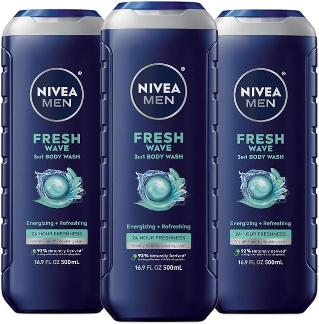NIVEA MEN Fresh Wave Body Wash with Menthol, Refreshing Scent, 3-in-1 Men's Body Wash, Face and Hair, Paraben Free, Vegan Formula, 16.9 Fl Oz Bottle, Pack of 3 - Product Image