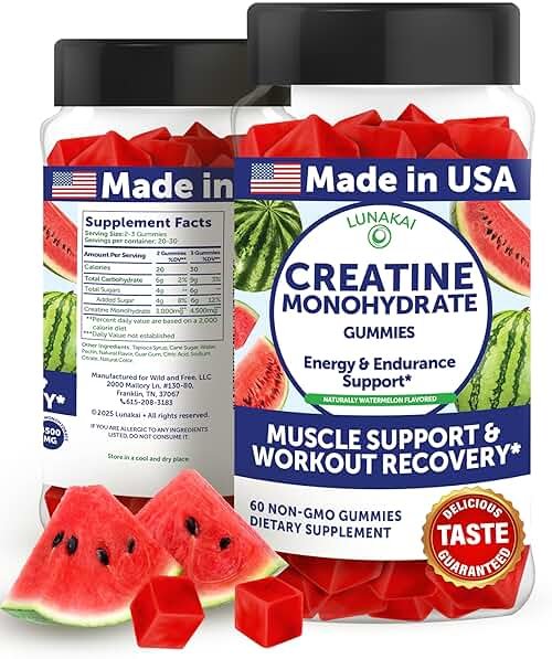 Lunakai USA Made Creatine Monohydrate Gummies for Women & Men – Vegan Creatine Gummies for Muscle & Recovery Support – Pre Workout Supplement, 60ct - Product Image