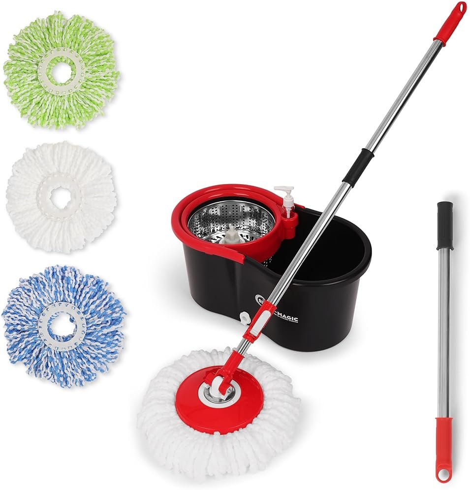 Simpli-Magic 360° Spin Mop and Bucket with Wringer – 3 High-Absorbent Microfiber Washable Heads – Spinning Mop and Bucket Set for All Types Floor Cleaning (Black) - Product Image