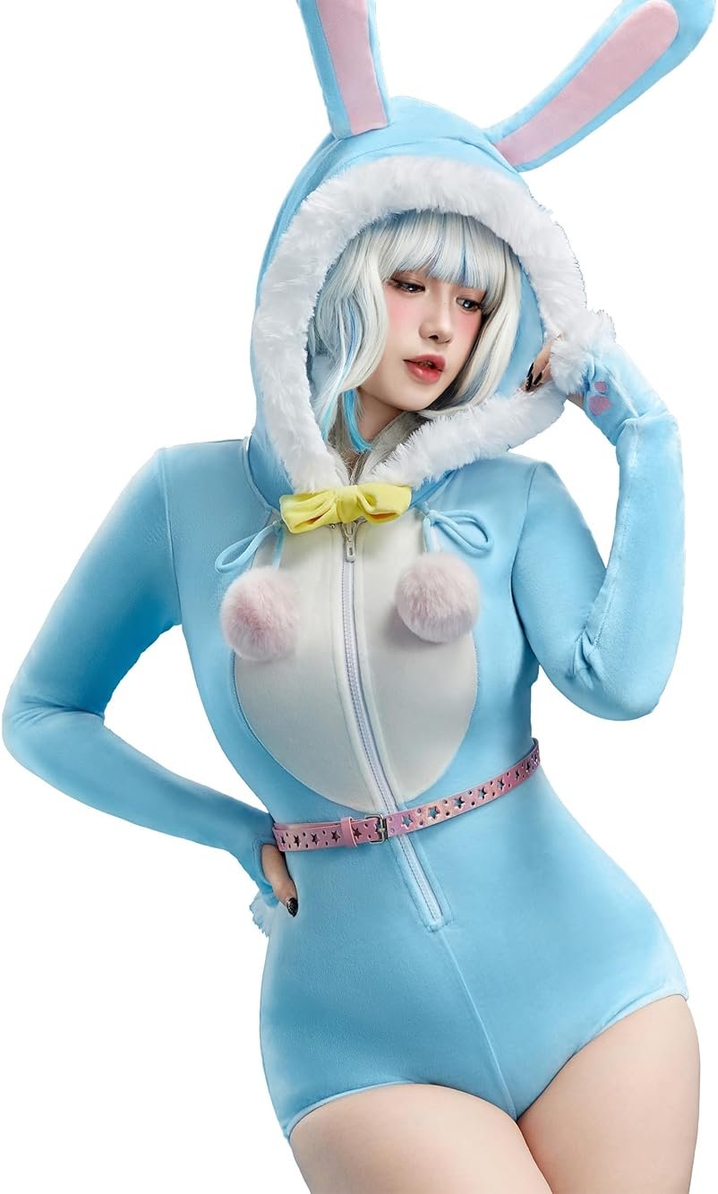 Mobbunny Women Easter Bunny Costume Blue Rabbit Romper Onesie Plush Pajama Bodysuit Fluffy Hooded Jumpsuit with Tail - Product Image