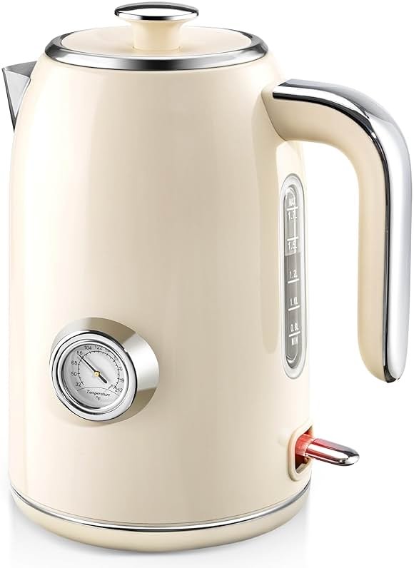 PUKOMC Electric Kettle, 1.7L Stainless Steel Tea Kettle with Temperature Gauge, 1500W Water Boiler with LED Light, BPA-Free, Auto Shut-Off and Boil-Dry Protection (Beige) Visit the Pukomc Store - Product Image