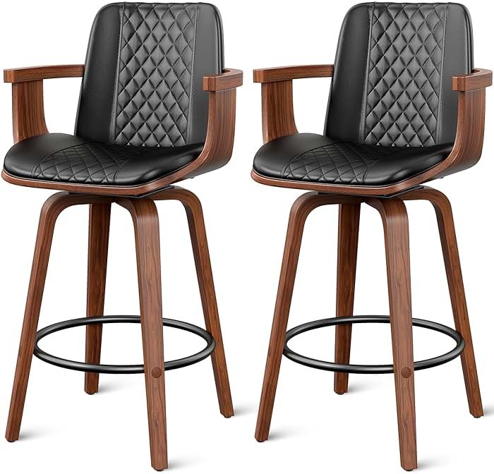 YaFiti Bar Stools with Arms Set of 2, 26 inch Bentwood Swivel Counter Height Bar Stools with Back and Wood Legs, Modern PU Leather Upholstered Bar Chairs for Kitchen Island, Black - Product Image