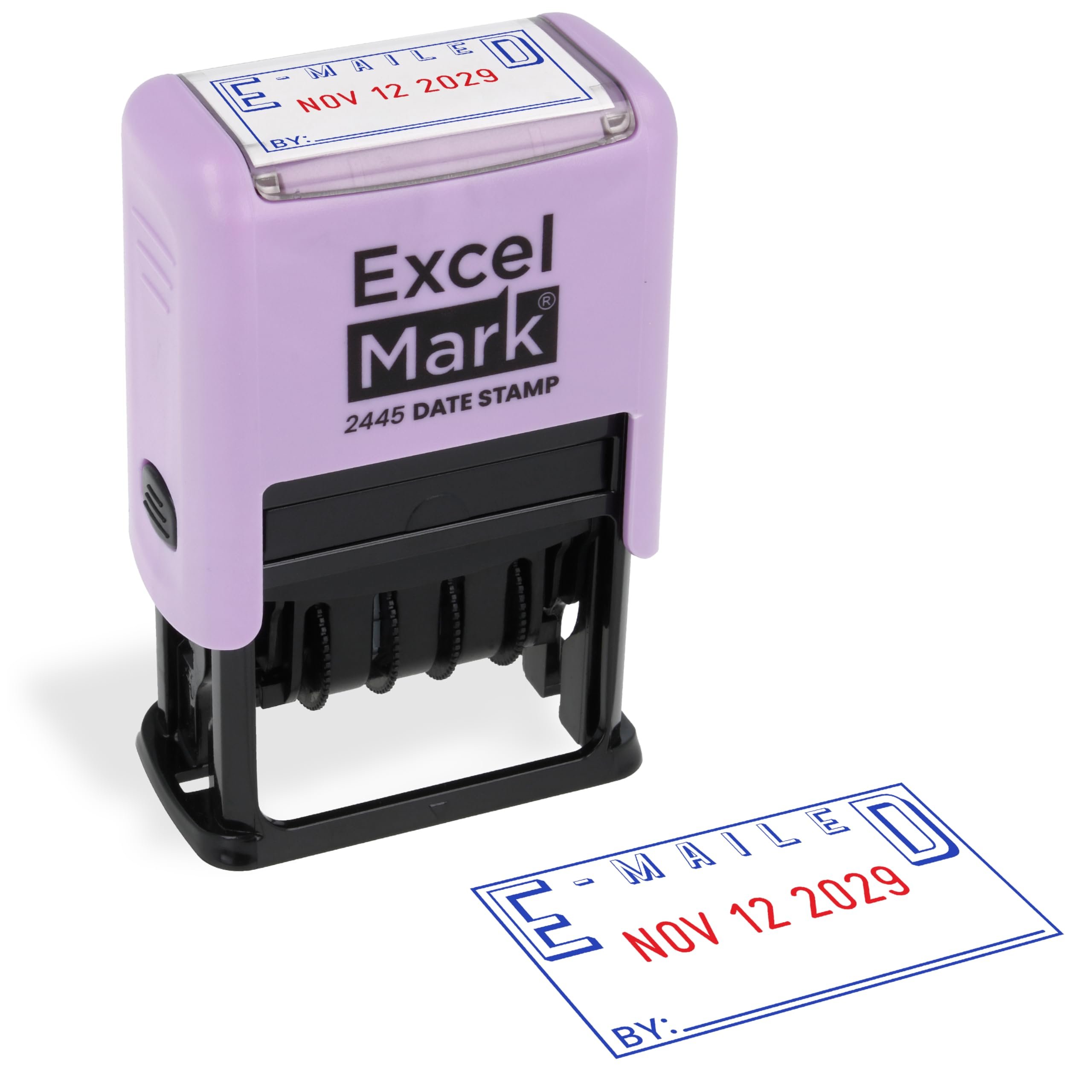 ExcelMark 2445 Date Stamp with Text - Blue and Red Ink (Violet Mount, Emailed) - Product Image