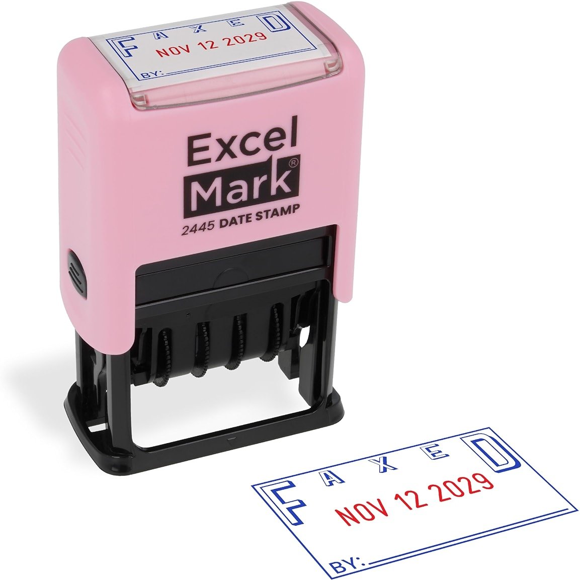 ExcelMark 2445 Date Stamp with Text - Blue and Red Ink (Pink Mount, Faxed) - Product Image
