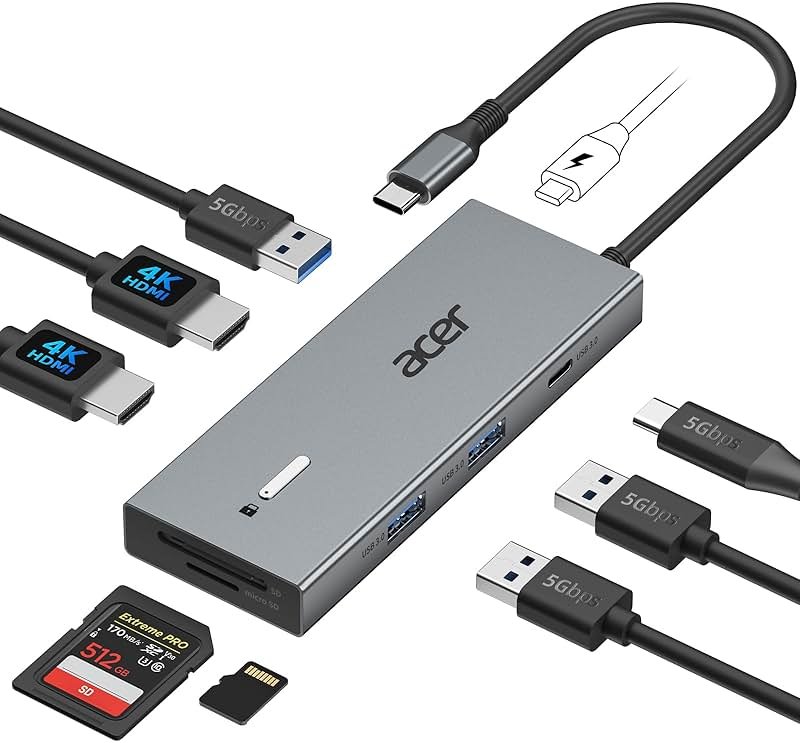 Acer USB C Docking Station Dual Monitor With 2 HDMI, 9-IN-1 Laptop Docking Station with 4K@60Hz HDMI, USB A&C 3.0, SD/Micro SD, 100W PD, USBC Dock Compatible with Acer/Dell XPS/HP/Mac/Surface (0.65FT) - Product Image