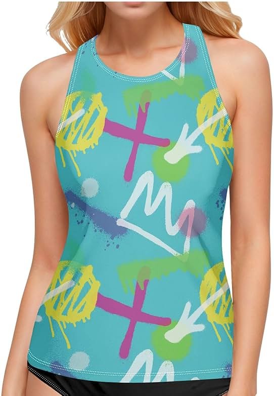 Womens Tankini Tops Graffiti Spray Paint Bathing Suit Tummy Control Tank Tops Swimsuits for Women No Bottom - Product Image