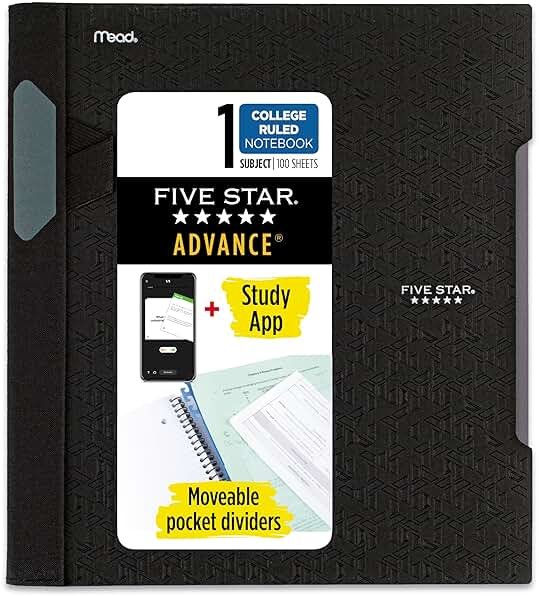 Five Star Advance Spiral Notebook + Study App, 1 Subject, College Ruled Paper, 8-1/2" x 11", 100 Sheets, Spiral Guard, Movable Tabbed Dividers, Black (820012A-ECM) - Product Image