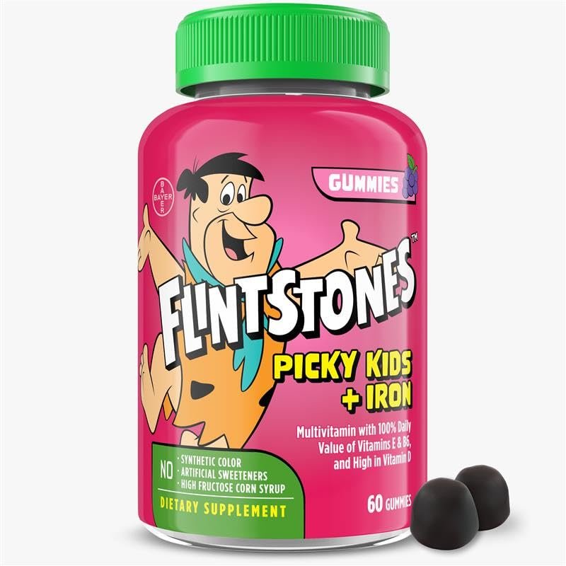 Flintstones Vitamins for Picky Kids + Iron, Kids Multivitamin Gummies with Vitamin C, D, E, B6 and Iron, Gummy Vitamins, Grape Flavored, 60 Gummies - Product Image