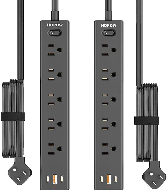 HOPOW Power Strip Surge Protector, 2 Pack, 10 Ft Ultra Thin Flat Extension Cord, Surge Protector with 5 Outlets & 3 USB Ports (2 USB C), 1700 Joules, 3-Prong, Wall Mount for Home Office Dorm, Black - Product Image