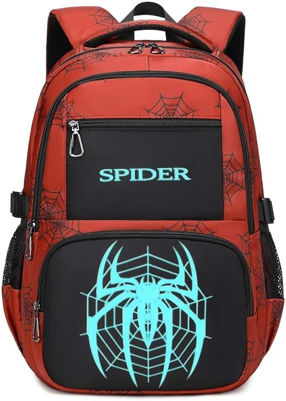 BLUWEI Kids Backpack Boys 18in Cool Luminous Spider Bookbag Elementary Teens School Bag Age 6-12 Compartments (Red) - Product Image