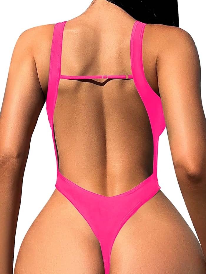 Foxiny Sexy Backless Cheeky High Cut Leg Thong V Neck One Piece Swimsuit - Product Image