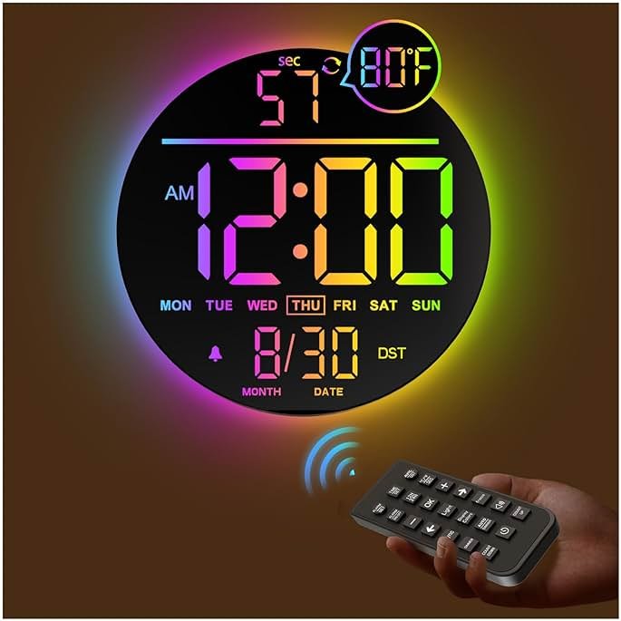 JALL 10" Large Digital Wall Clock with Remote, RGB Color, Big LED Display, Alarm Countdown Timer, DST, Temperature, Decor for Bedroom Living Room Gym Gaming Room, Easy to Read Clock for Seniors - Product Image