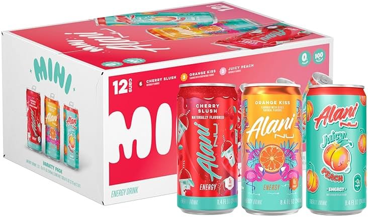 Alani Nu VARIETY PACK (CHERRY SLUSH, JUICY PEACH, ORANGE KISS), Low Calorie Energy Drinks, 100mg Caffeine, Biotin, B Vitamins, Zero Sugar, 10 Calories or Less, 8 Fl Oz Cans, 12 Pack - Product Image