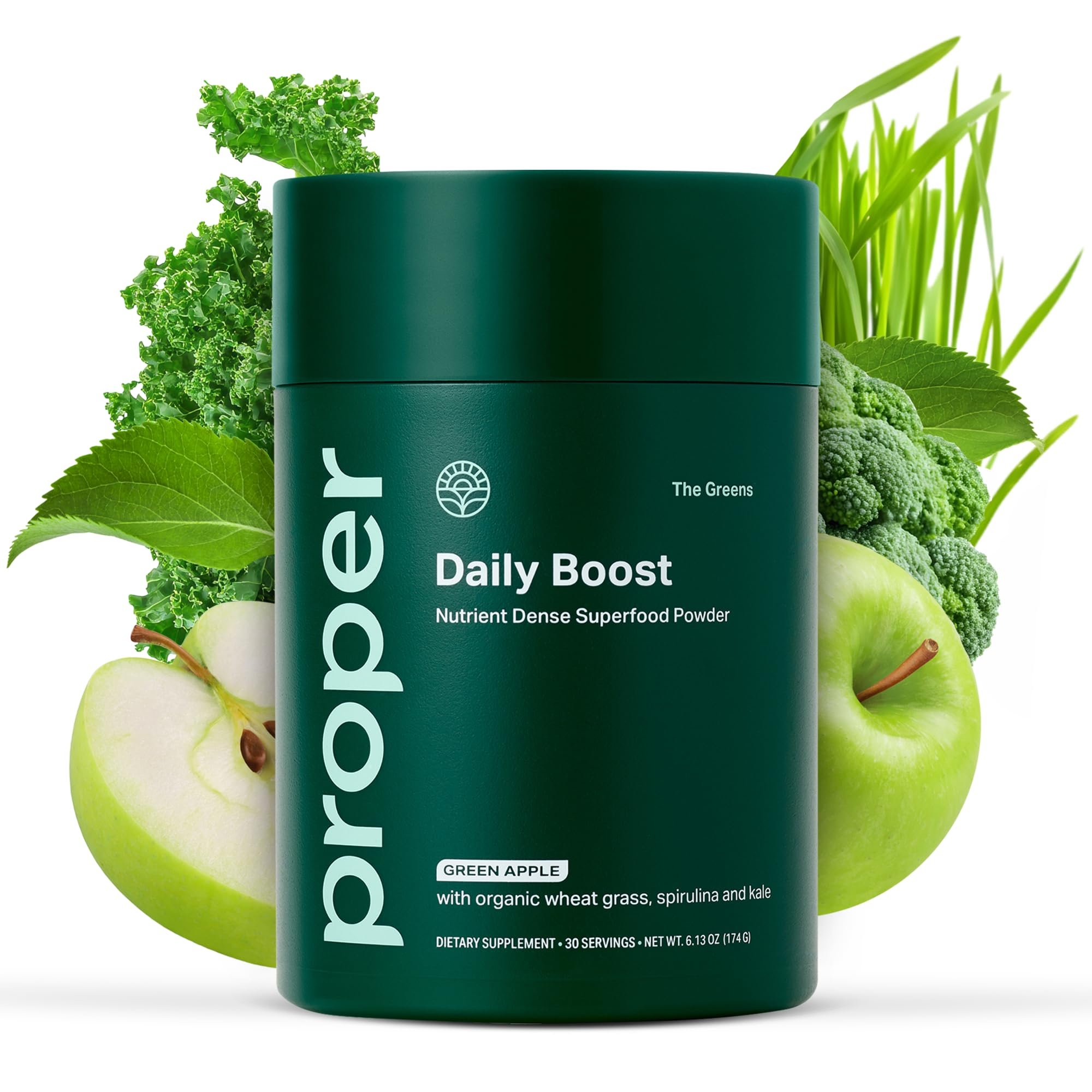 Proper, The Greens Daily Boost Organic Greens Powder. Whole Food, Apple Flavour Veggie Powder Superfood with Wheatgrass, Spirulina, Chlorella, Probiotics. Daily Drink Mix for Wellness and Digestion - Product Image