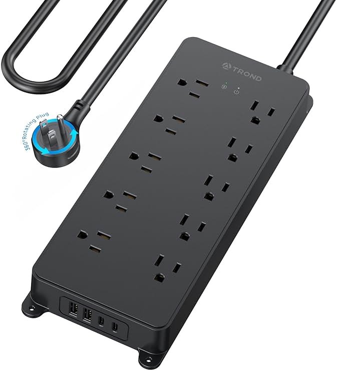 TROND Surge Protector Power Strip 10ft, 360° Rotating Flat Plug, 4000J, ETL Listed, 10 Widely Spaced Outlets, 2 USB A and 2 USB C, Wall Mountable, for Home Office Entertainment, Black - Product Image