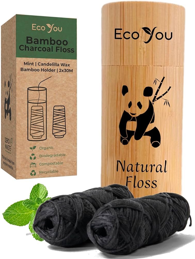 Charcoal Bamboo Floss | 2 Natural Floss Refill with Bamboo Container | Organic Mint & Candelilla Wax | Vegan & Biodegradable | Compatible with Similar Size Dental Silk Containers - Product Image