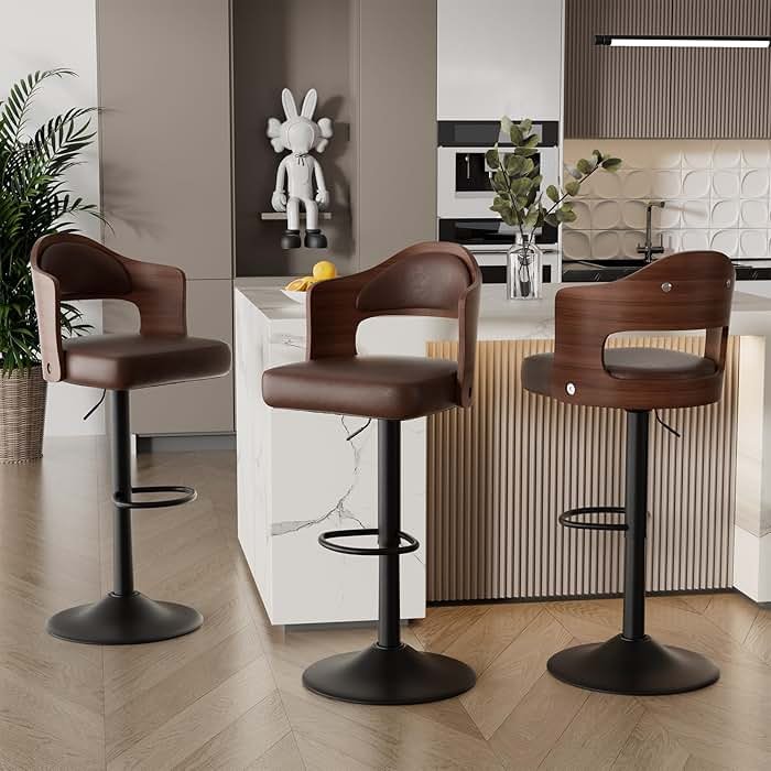 Daluvenix Swivel Bar Stools Set of 3, Wooden Upholstered PU Leather Barstools with Back & Footrest,Seat Adjustable Height 24.5-33.5IN,Counter Height Bar Chairs for Kitchen Island,Brown - Product Image