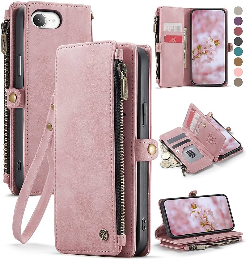 Defencase for iPhone 16E/17E Case Wallet with RFID Blocking Card Holder Slots for Women Men, Elegant PU Leather Magnetic Snap Flip Wristlet Strap Zipper Wallet Phone Cases for iPhone 17e & 16e, Pink - Product Image