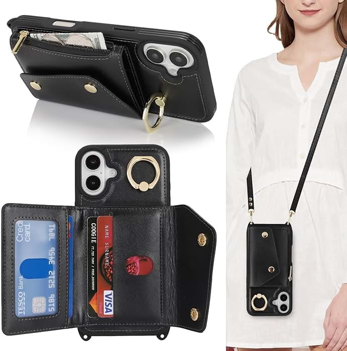 Lipvina for iPhone 16 Case with Card Holder and Strap - Zipper Pocket,Crossbody Lanyard Strap,Credit Card Holder,Stand Ring,Cute Phone Wallet Case for Women(Black,6.1 Inch) - Product Image