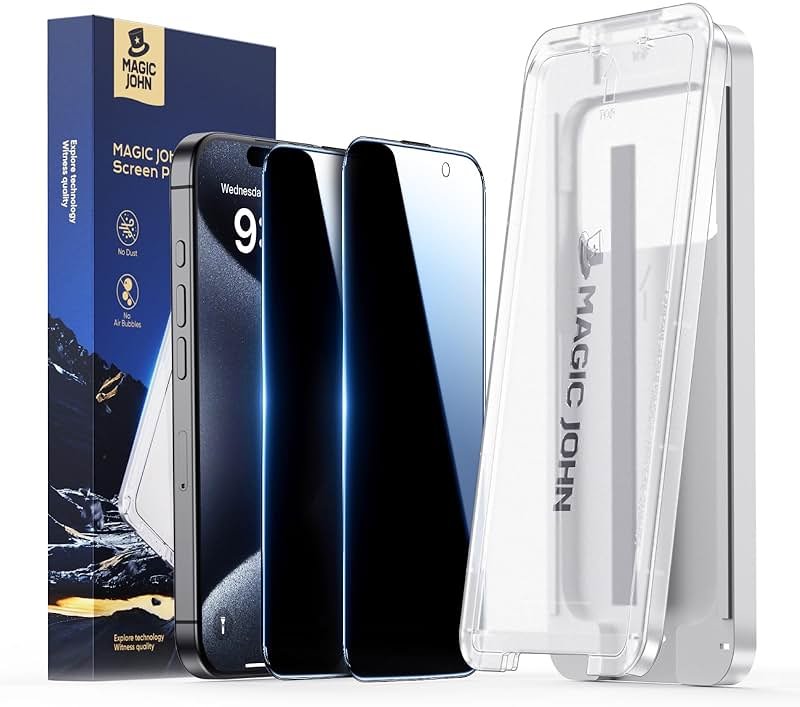 MAGIC JOHN 3rd Gen Upgraded for iPhone 15 Pro Privacy Screen Protector 6.1 Inch, 25°Anti-Spy Screen, Shockproof Tempered Glass, Auto Dust-Removal, Bubble Free, Easy Installation, 2 Pack - Product Image