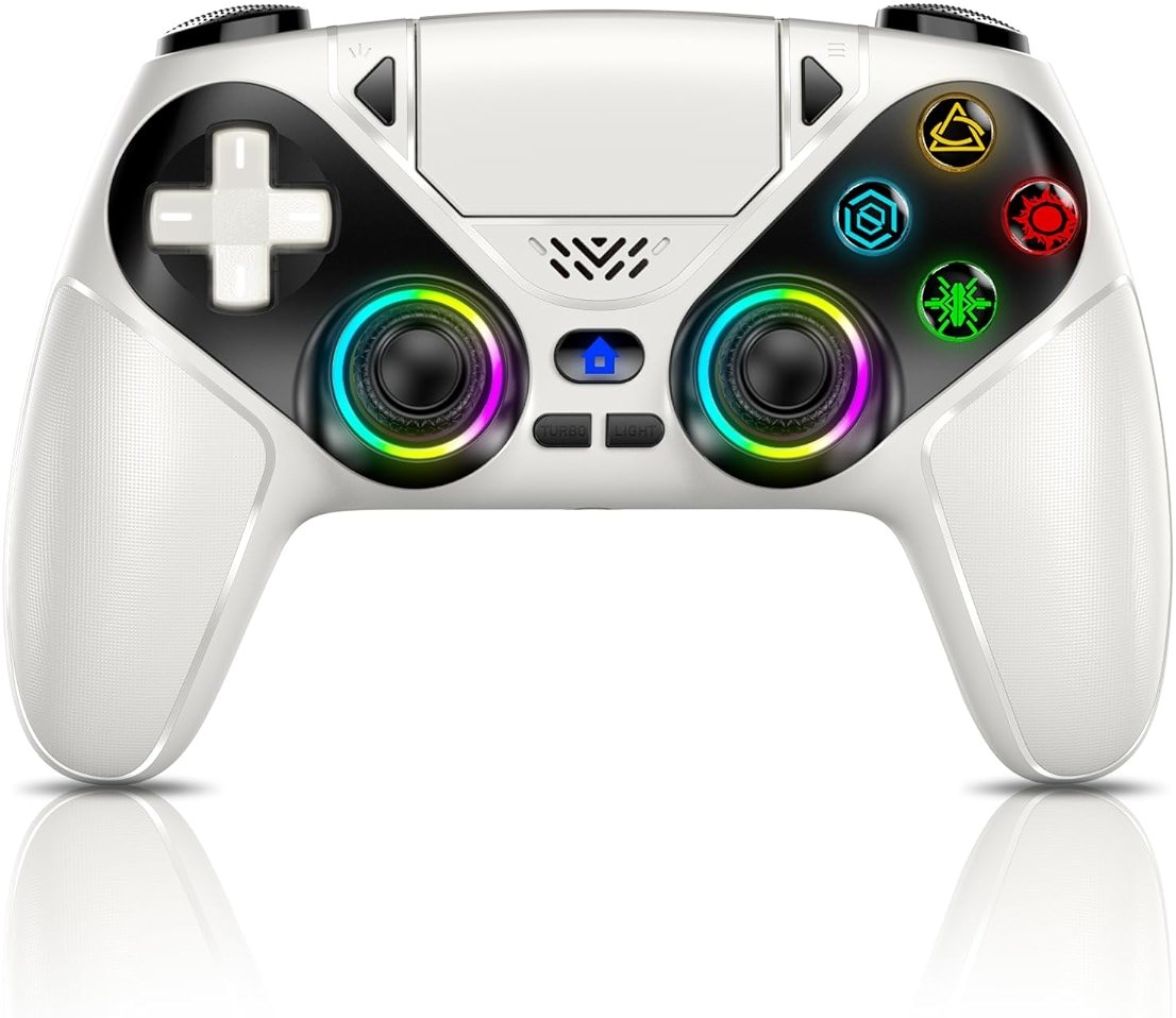 Gamrombo LED Wireless Controller for PS5, Compatible with PS5 Pro/Slim/PC, Dual Vibration, Macro/Turbo Function, 3.5mm Audio Jack, 6-Axis Motion Control Gamepad with Speaker(White) - Product Image