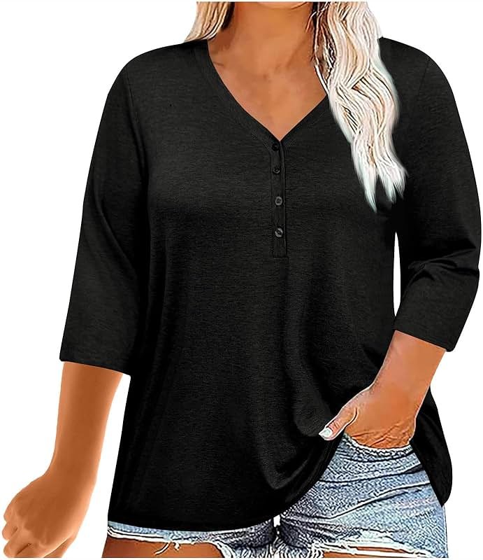 Womens Plus Size Summer Tops Loose Fit 3/4 Sleeve V Neck Button Down Shirt Casual Fashion Solid Oversized Blouse 2025 - Product Image