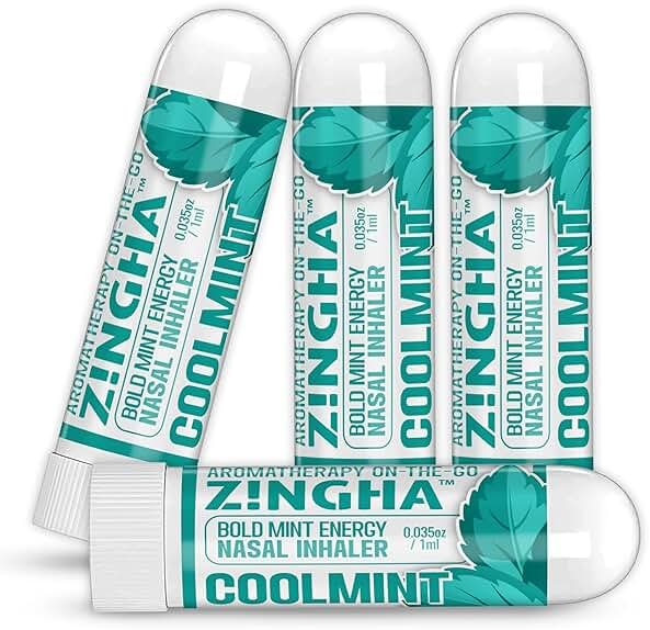 Z!NGHA Natural Aromatherapy Nasal Inhaler Stick for Sinus Relief, Focus & Stress Relief | Portable Dual-Hole Essential Oil Blend (4PK, Coolmint) - Product Image