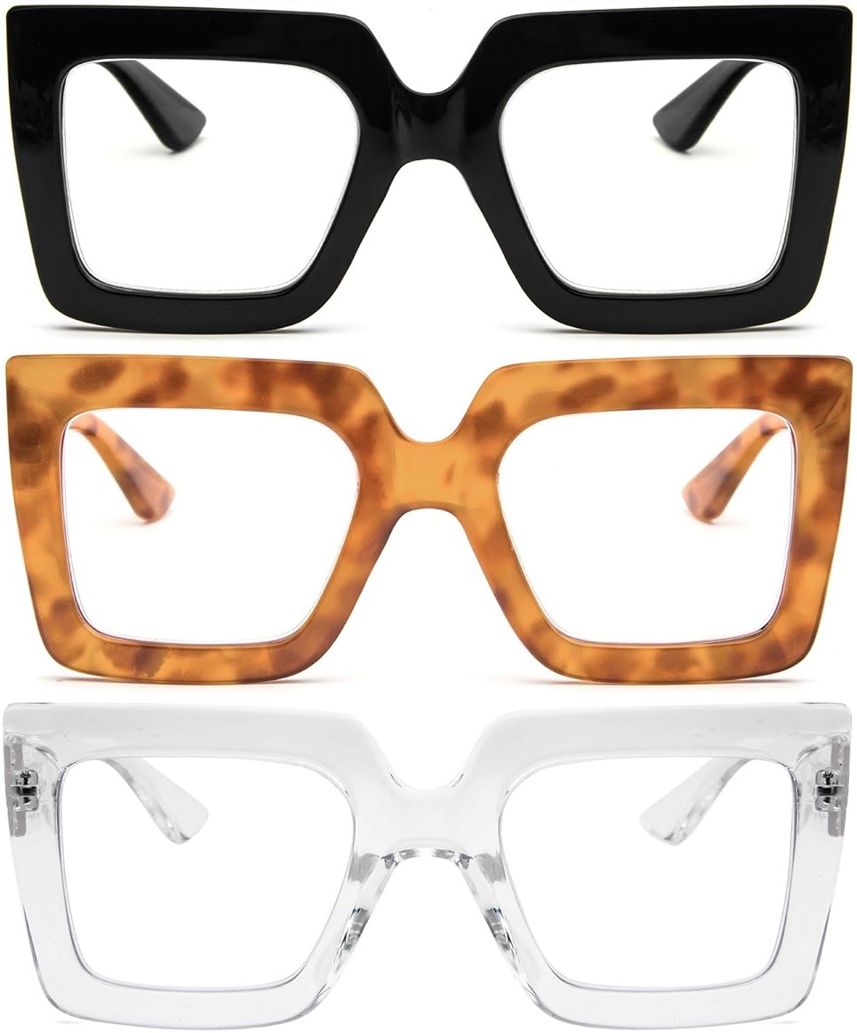prtcslwd 3 Pack Oversized Thick Frame Reading Glasses for Women,Stylish Square Large Readers Blocking Blue Light Glasses - Product Image