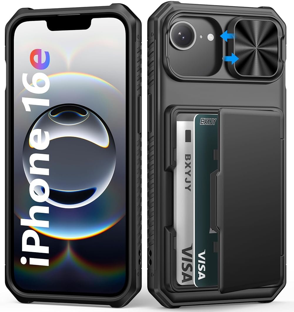 BXYJY for iPhone 17e/16e Case Wallet, Built-in Card Holder (4-5 Cards), Slide Camera Cover, Military Drop & RFID Protection, Rugged Heavy Duty Men Women Protective Phone Case for iPhone 17e/16e, Black - Product Image