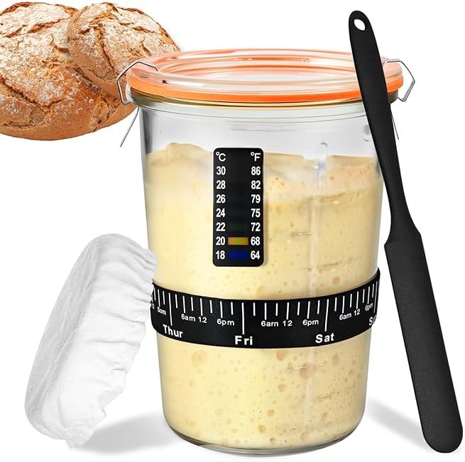Sourdough Starter Kit, Sourdough Starter Jar Glass Wide Mouth, Sourdough Kit with Thicken Sourdough Glass Jar 27oz, Spatula, Thermometer, Cloth Cover, Feeding band, Sourdough Bread Baking Supplies - Product Image