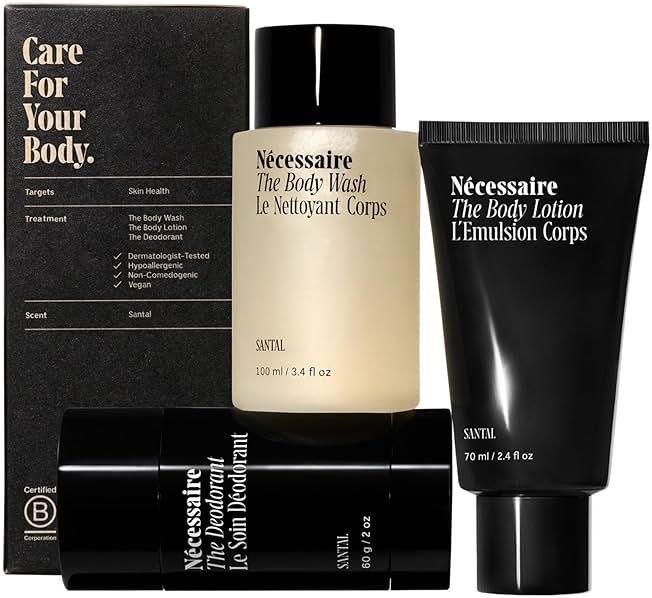 Nécessaire Body Essentials - Skin Care Gift Set For Women + Men - Travel-Size Body Wash, Body Lotion + Deodorant | Dermatologist-Tested. Hypoallergenic | Vegan | Aluminum-Free Deodorant (Santal) - Product Image