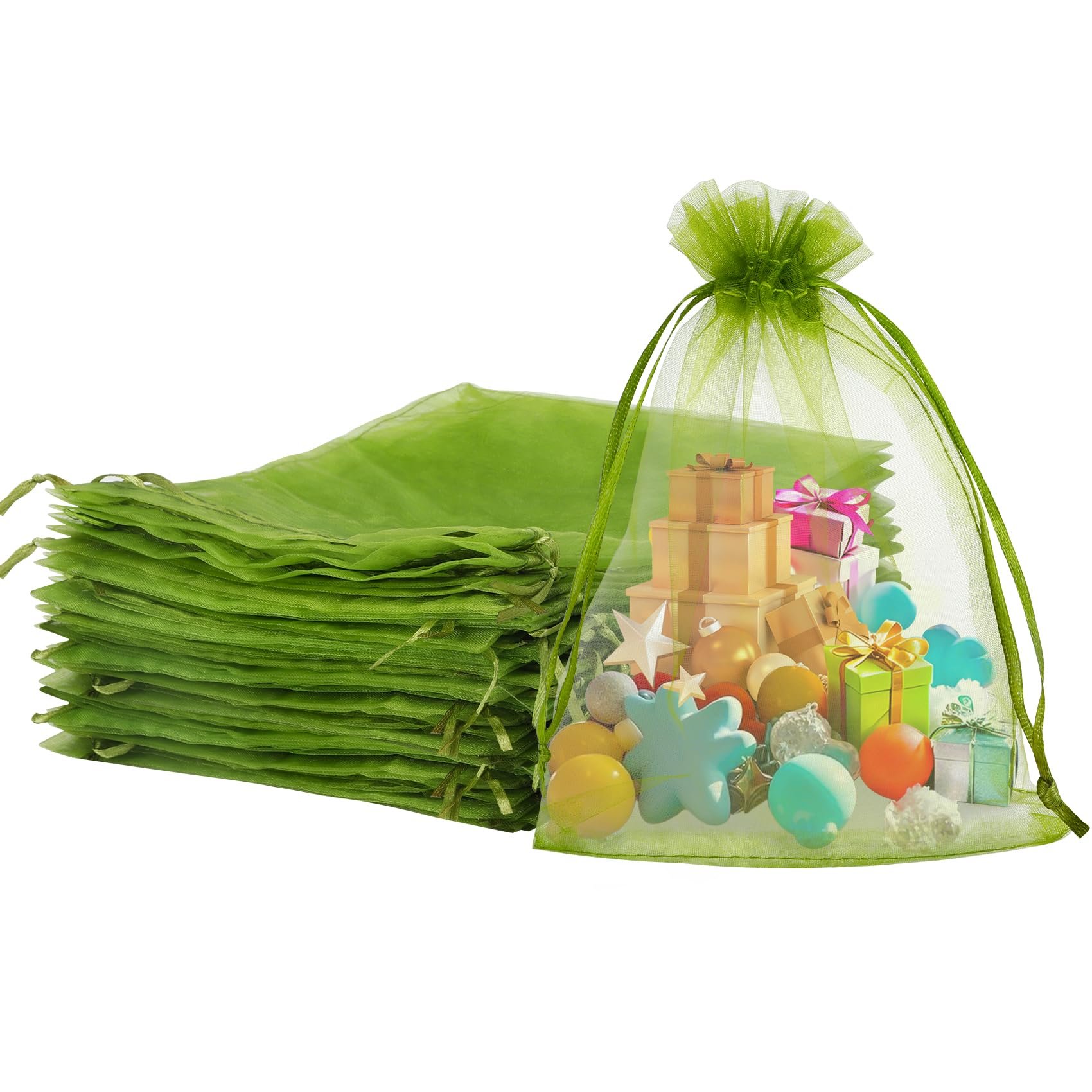 KQNBI 50 Pcs Organza Bags 6 x 9 Green Gift Bags Sheer Organza Bag Large Drawstring Mesh Bag Jewelry Pouch Bulk Gift Pouches for Candy Fruits Soaps Wedding Birthday Christmas Festival Party Favors - Product Image