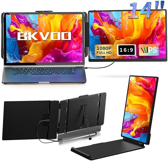 BKVOO Laptop Screen Extender Travel Monitor - 14" Dual Portable Monitor IPS FHD 1080P Travel Work Extra Screen Plug n Paly USB-C HDMI Port Compatible with Wins Mac Chrome Dex Fits 13-17" Laptops - Product Image
